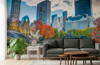 Autumn in the City wallcovering, brilliant seasonal tones over water reflection.