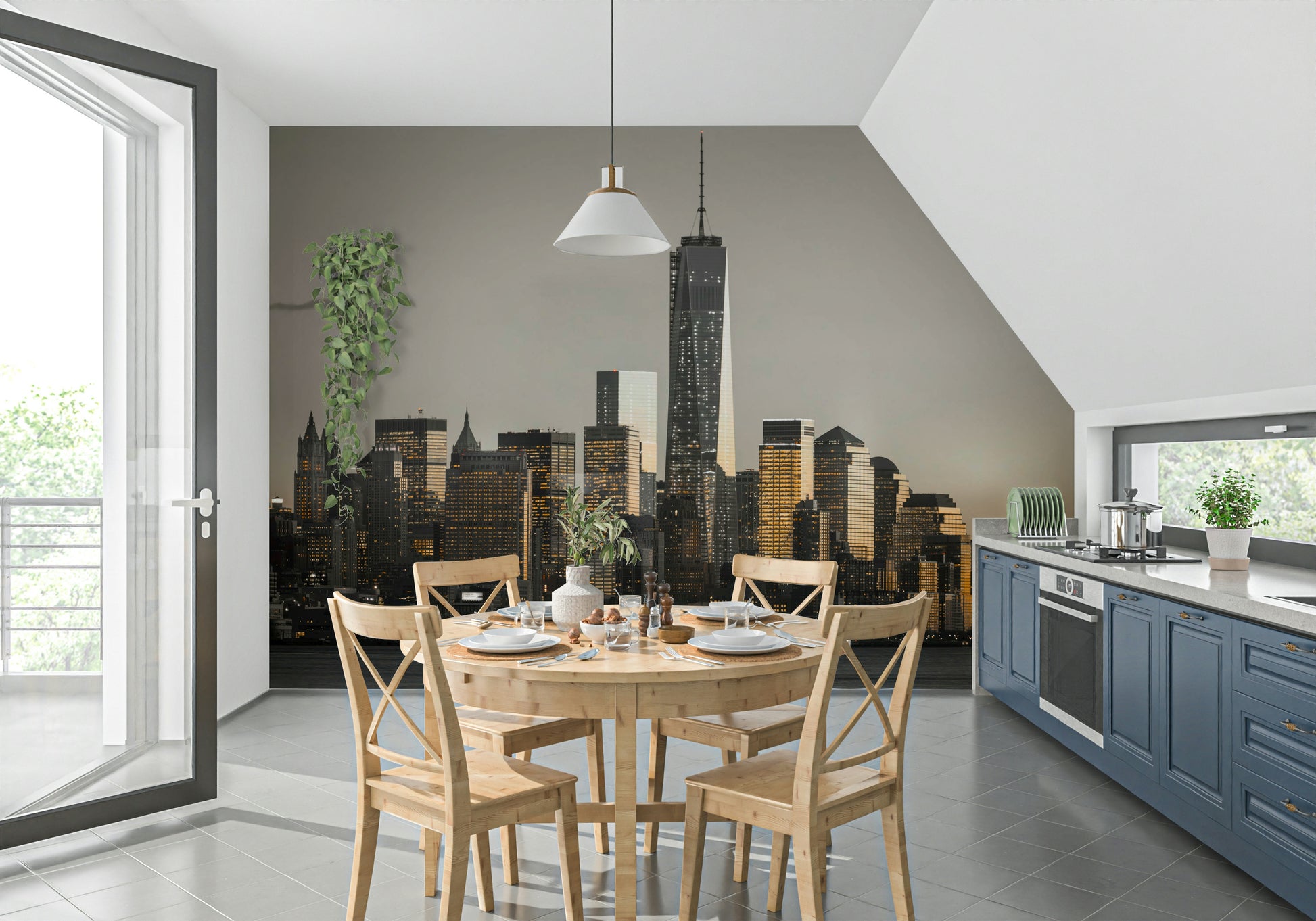 New York Cityscape Glow: Dramatic urban skyline view accent piece.