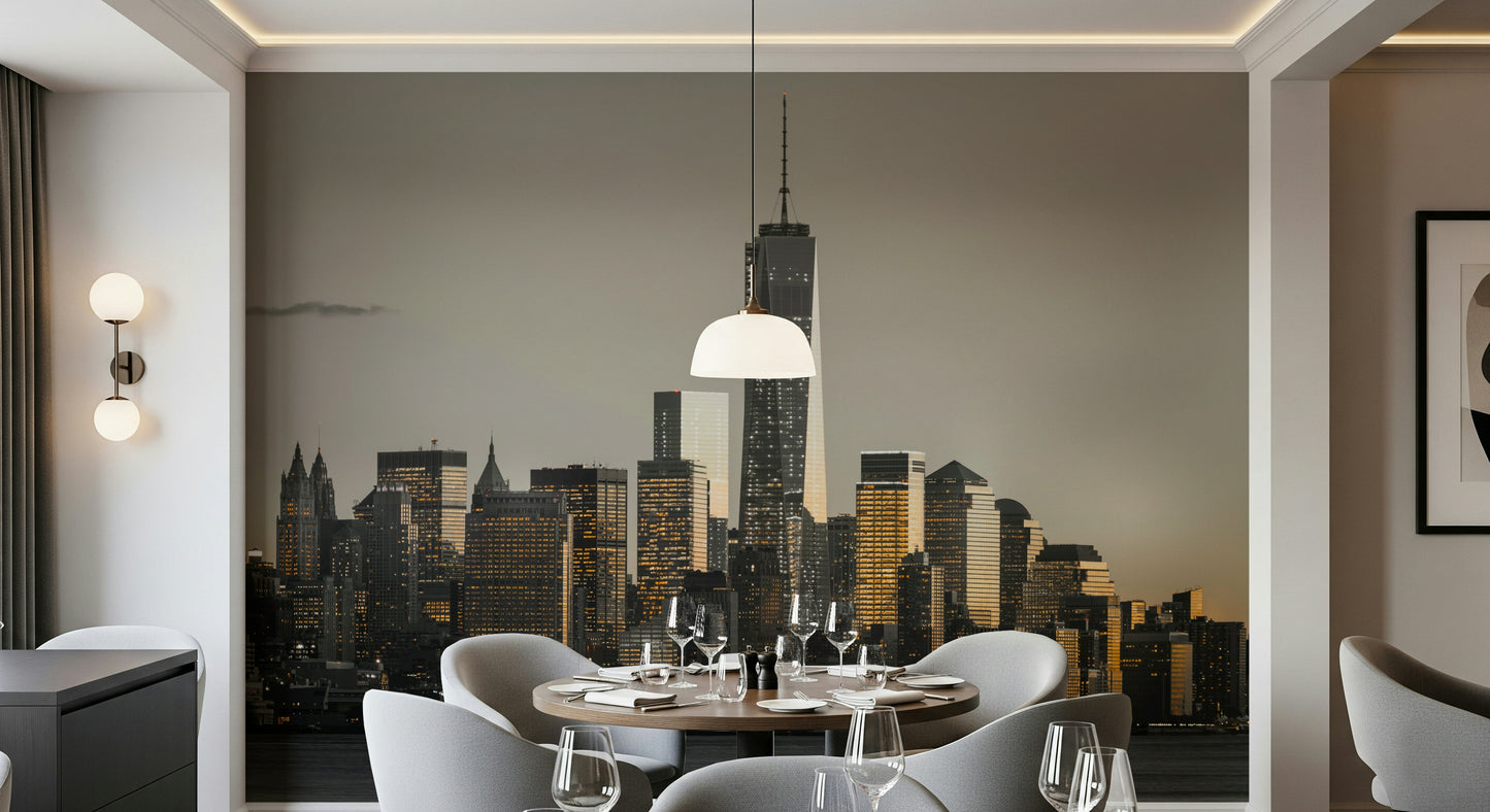 Cityscape Glow wall mural with golden light on iconic buildings.
