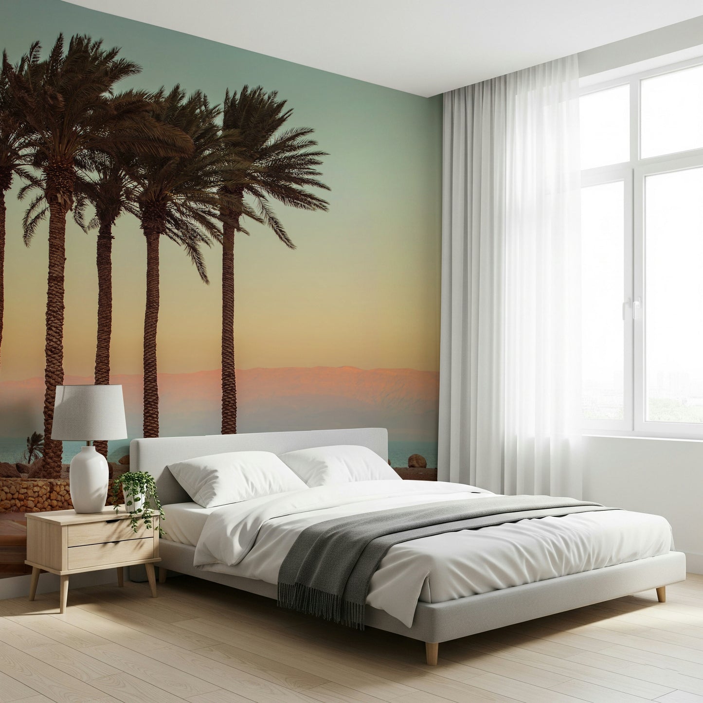 Five tall palms silhouetted against a beautiful dusky ocean wallpaper.