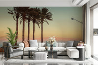 Ochre and blue sunset, Palm Trees on Beach art for interiors.
