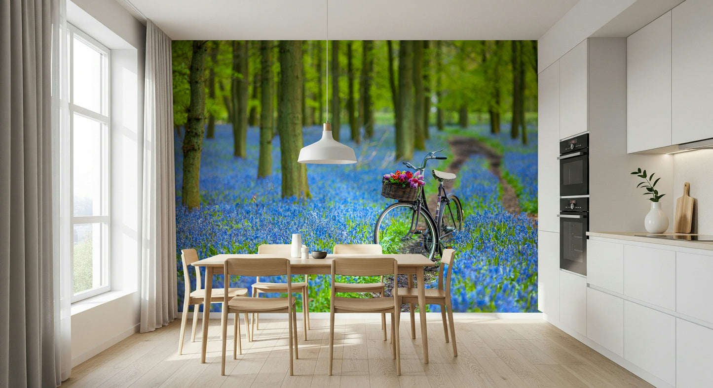 Charming Cyclist Path wall covering, intense spring blue hues feature design.