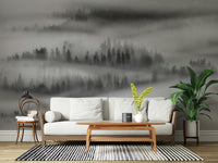 Monochrome Misty Forest, layered hills, stunning landscape wall art.