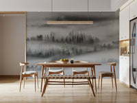 Black and white woodland wallpaper, tranquil trees in rolling mist.