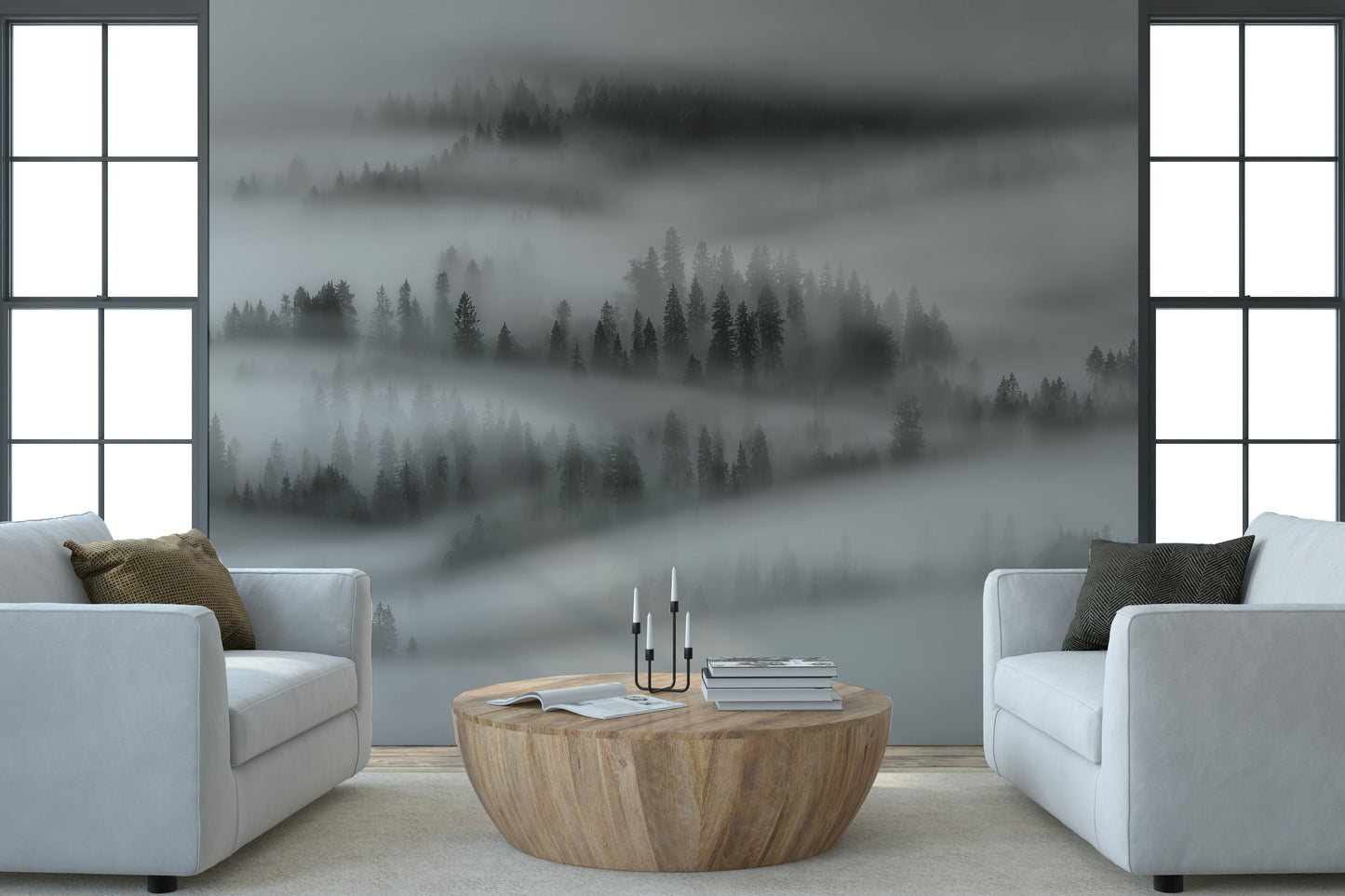 Forest trees shrouded in dense fog, captivating natural wallpaper design.