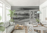 Wall mural of mysterious forested slopes enveloped in gray vapor.