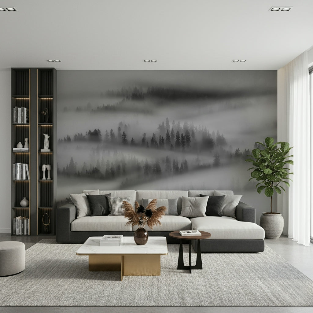Ethereal forest wall mural, dramatic black-and-white landscape artwork.