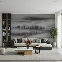 Ethereal forest wall mural, dramatic black-and-white landscape artwork.