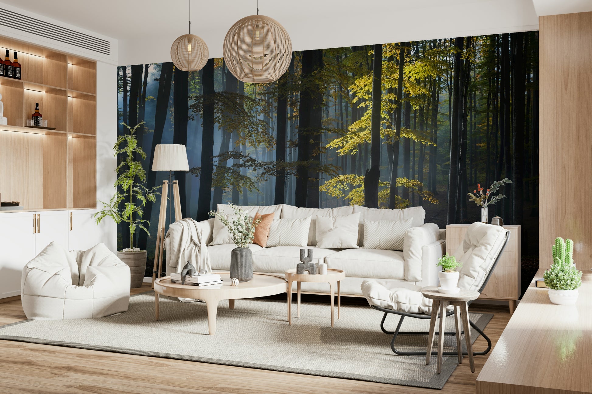 Layered mist gives depth to Glimmering Forest Woodland forest pattern.