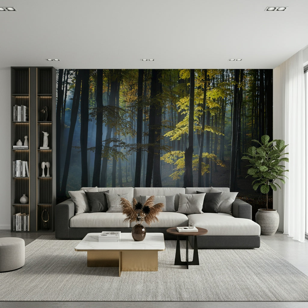 Symmetrical tall woods motif on Glimmering Forest Woodland mural.