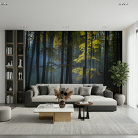 Symmetrical tall woods motif on Glimmering Forest Woodland mural.