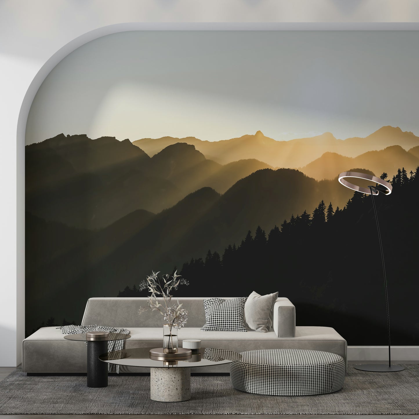 Stunning forest wall mural depicting tranquil mountainous slopes imagery.