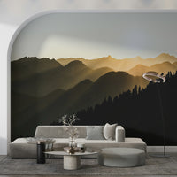Stunning forest wall mural depicting tranquil mountainous slopes imagery.