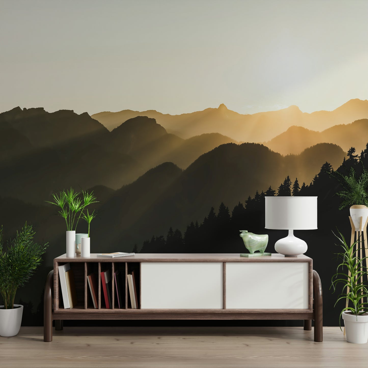 Rustic home wallpaper, deep forest shadows meet bright highland skylines.