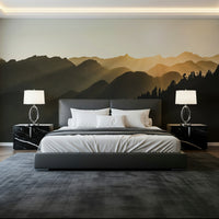 Sunrise wall mural creating a calming ambiance with rugged mountain contours.