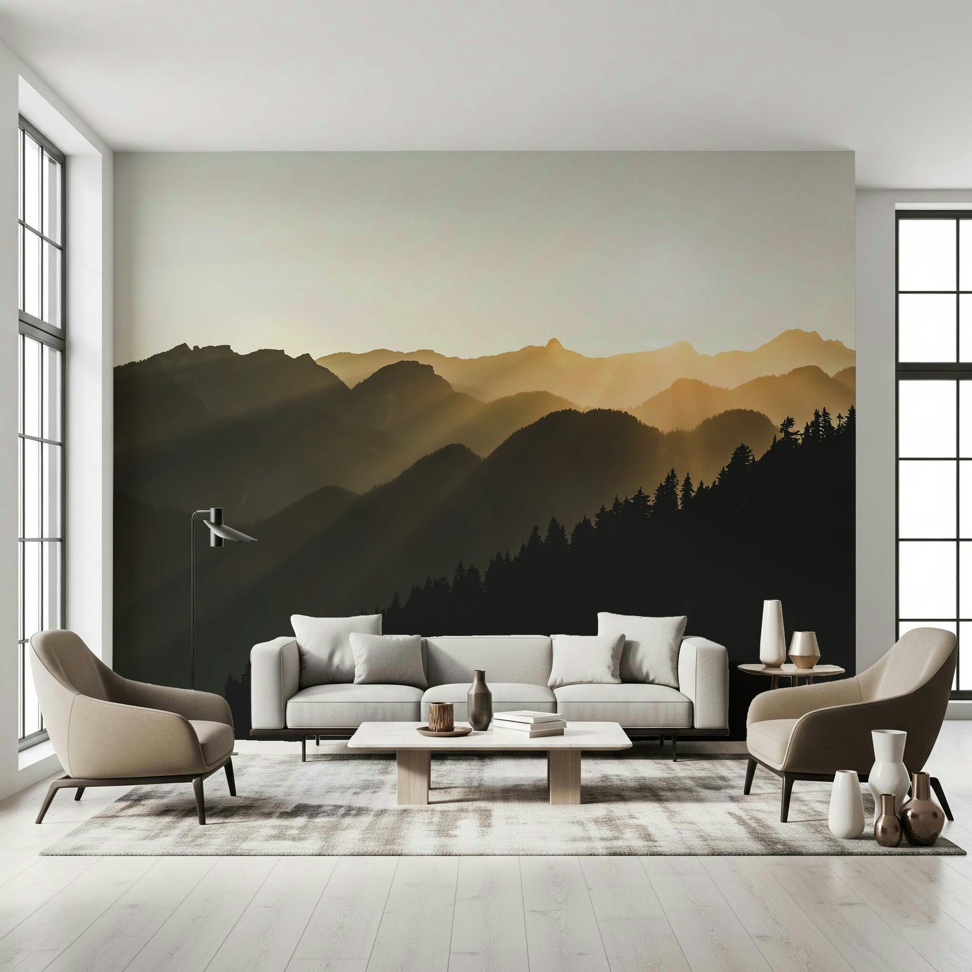 Woodland wall mural featuring dark evergreen trees against misty mountain layers.
