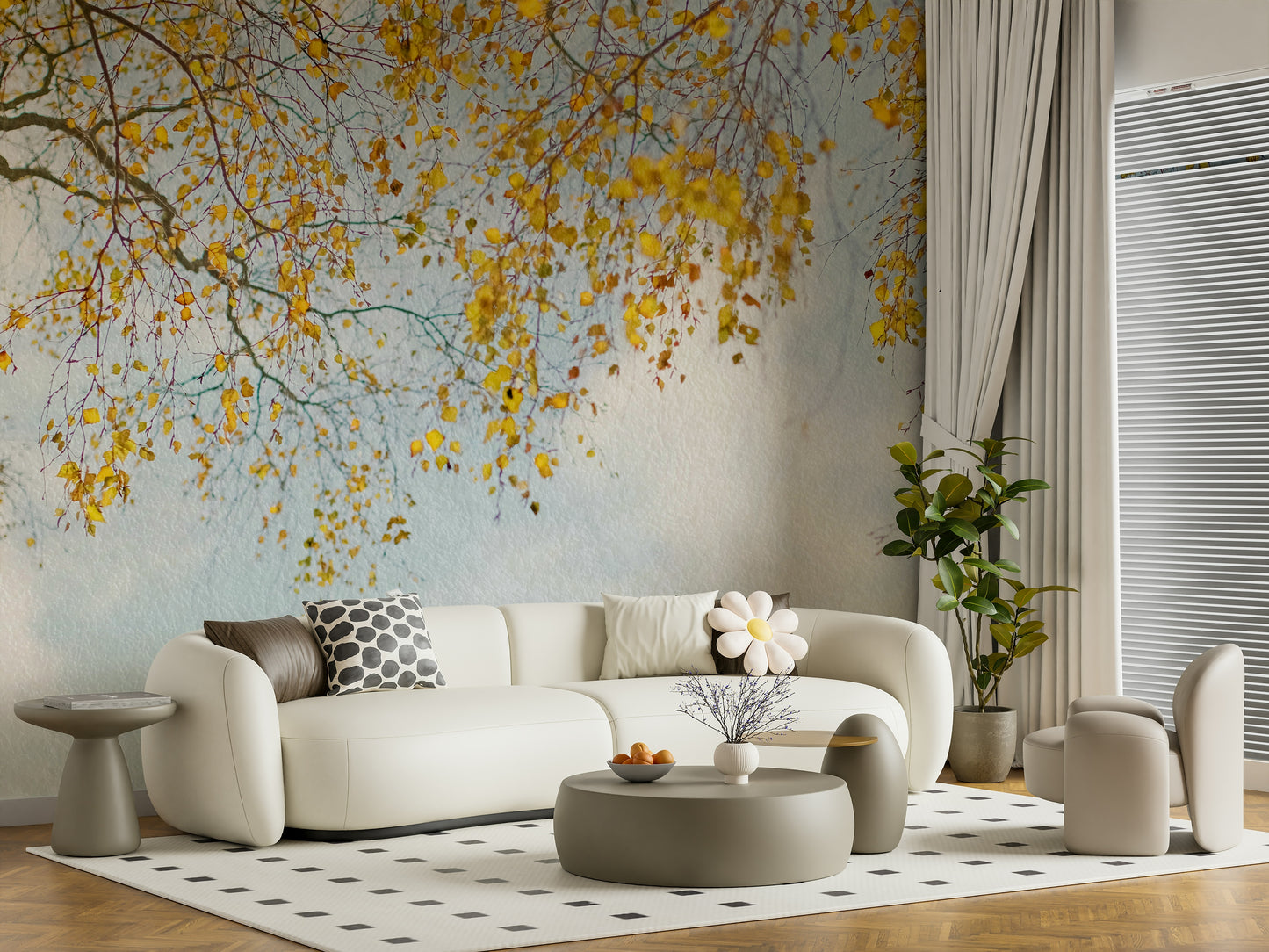 Whispering autumnal branches print, cloudy sky background, chic wall art.