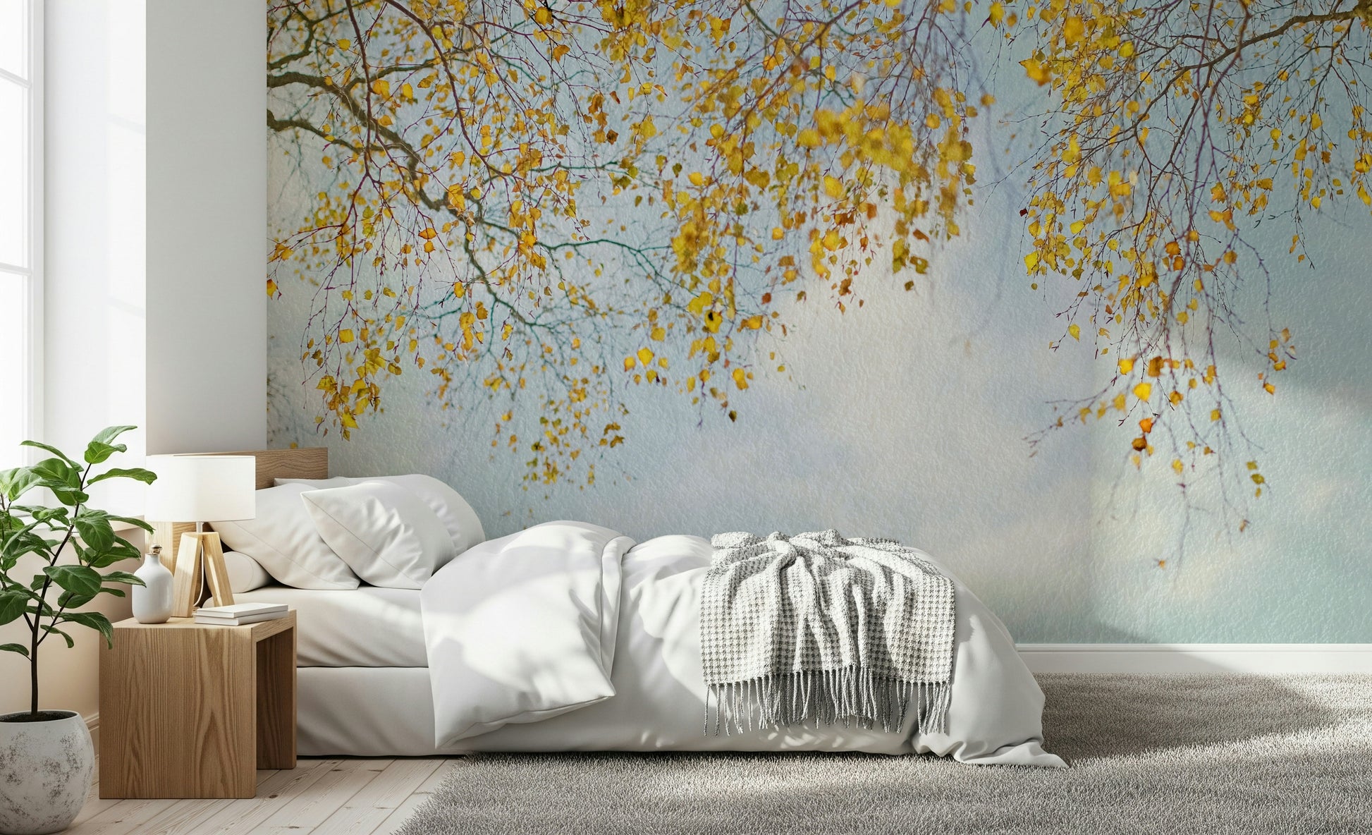 Stunning Autumn Hues Woodland mural wallpaper; calm, airy feeling.