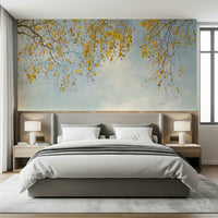 Golden canopy mural, bright autumn colors, refreshing wall treatment.