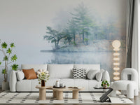 Rocky shore, soft diffused light, beautiful Misty Lake Serenity Woodland wall decor.
