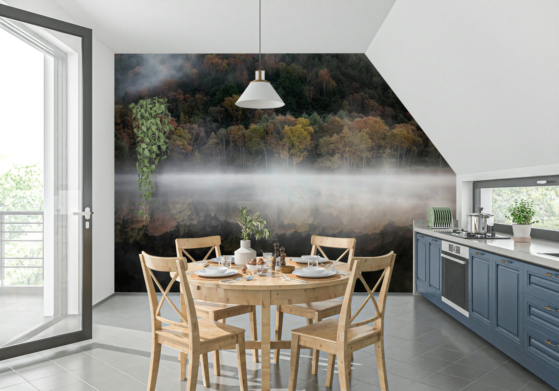 Mist-shrouded woodland wall mural, ethereal scene, warm foliage.