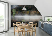 Mist-shrouded woodland wall mural, ethereal scene, warm foliage.