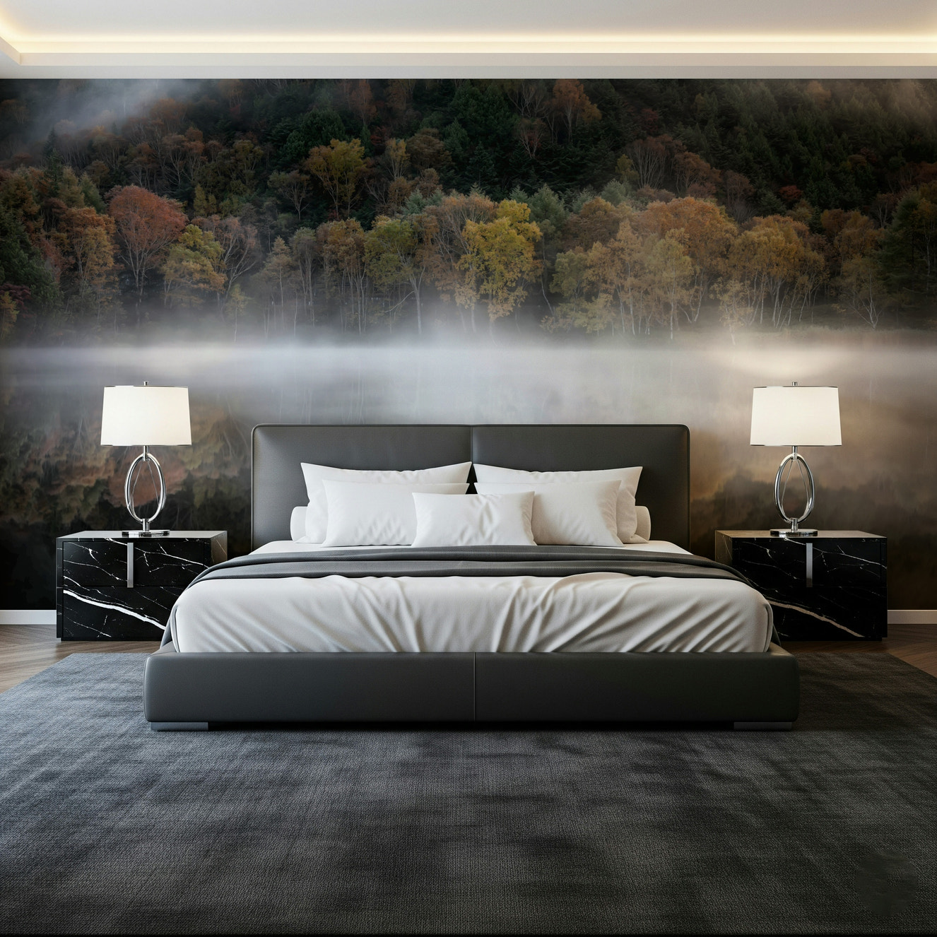 Ethereal Waters Edge Woodland mural wallpaper: misty forest reflection.