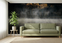 Living room wall mural, soft misty veil covers water, dramatic lighting effect.