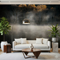 Dark water reflection, white skeletal trees, misty lake, Mist and Light Woodland.