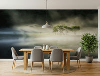 Foggy morning island, tranquil water reflection, Misty Lake Woodland design.