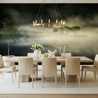 Misty Lake Woodland wall mural, atmospheric light, mystical forest appearance.