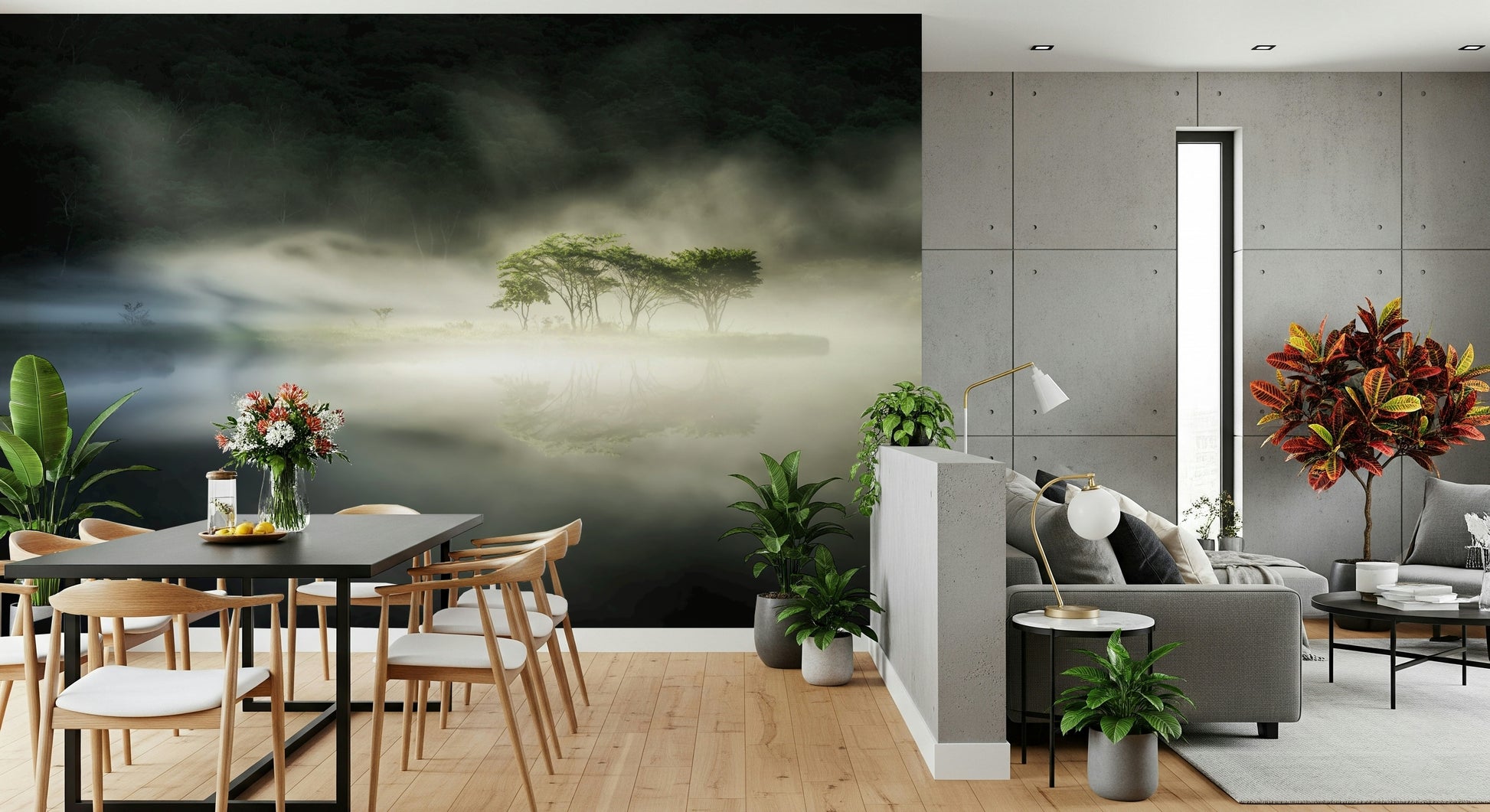 Wall mural Misty Lake Woodland, dreamlike quality, inspiring calming ambiance.