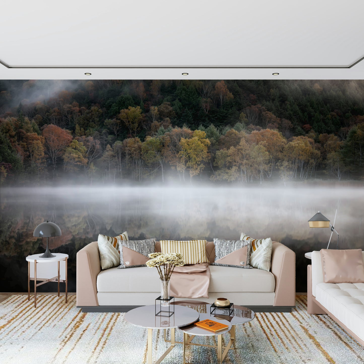 Woodland Reflection wall art, foggy shoreline vista design.