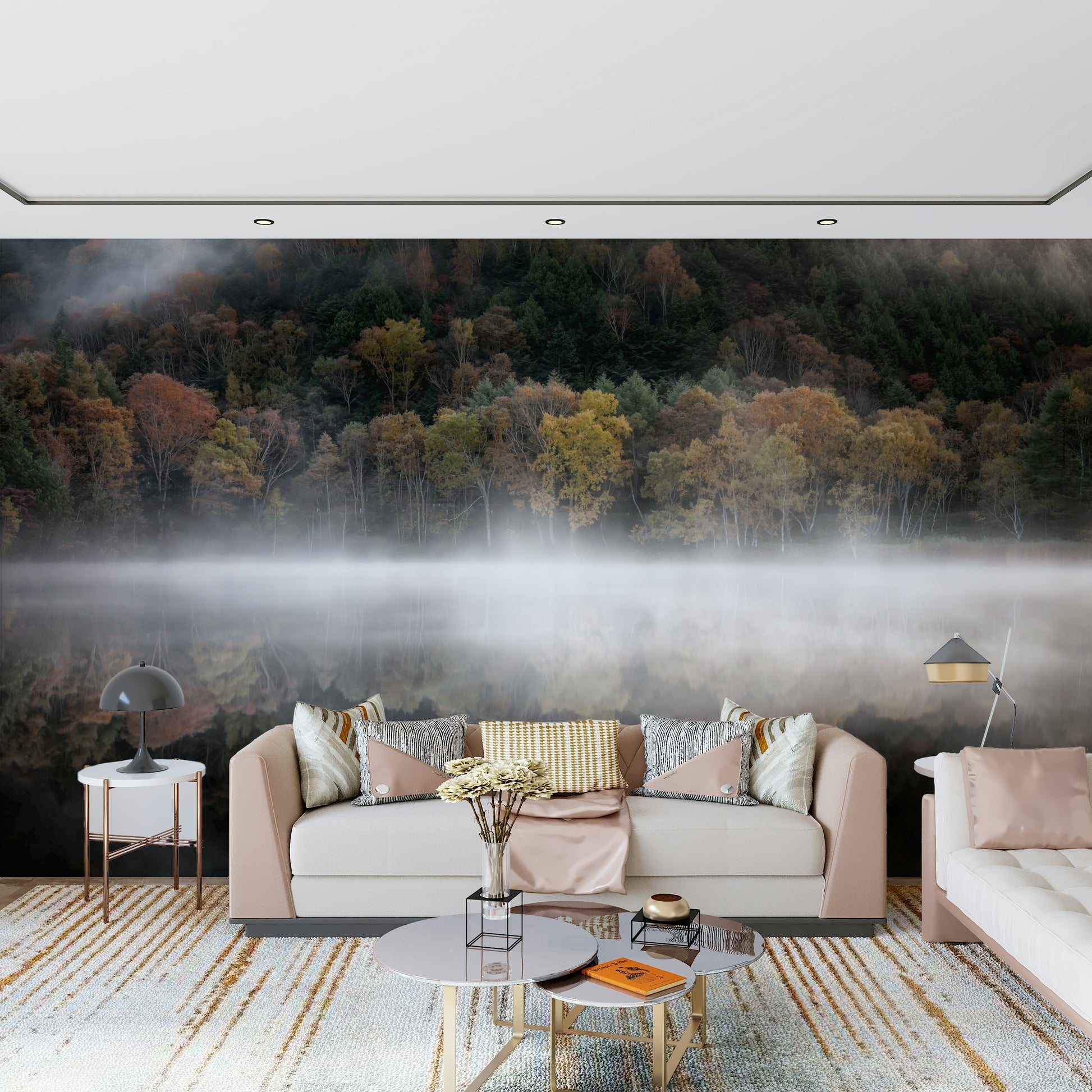Woodland Reflection wall art, foggy shoreline vista design.
