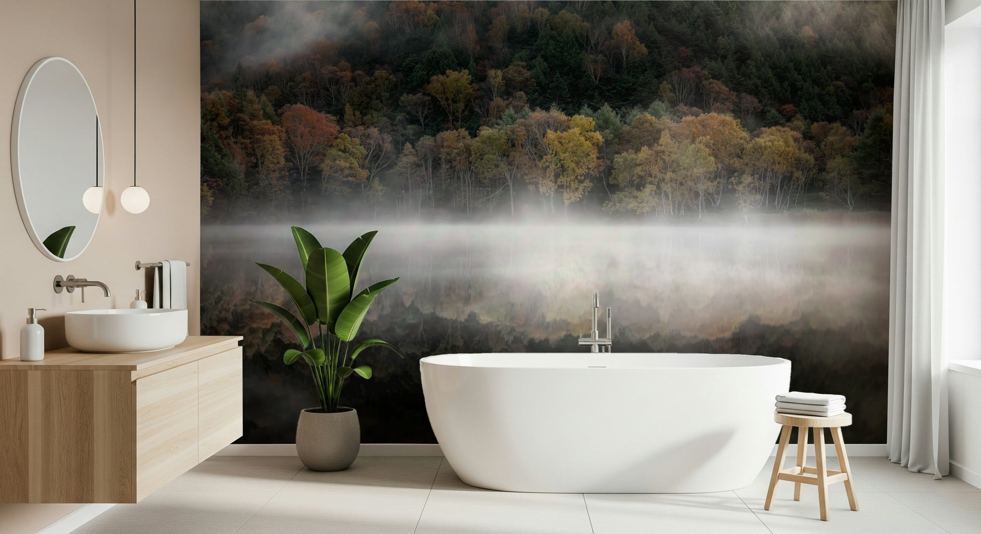 Striking Enchanted Woodland wallpaper, misty valley shore setting.