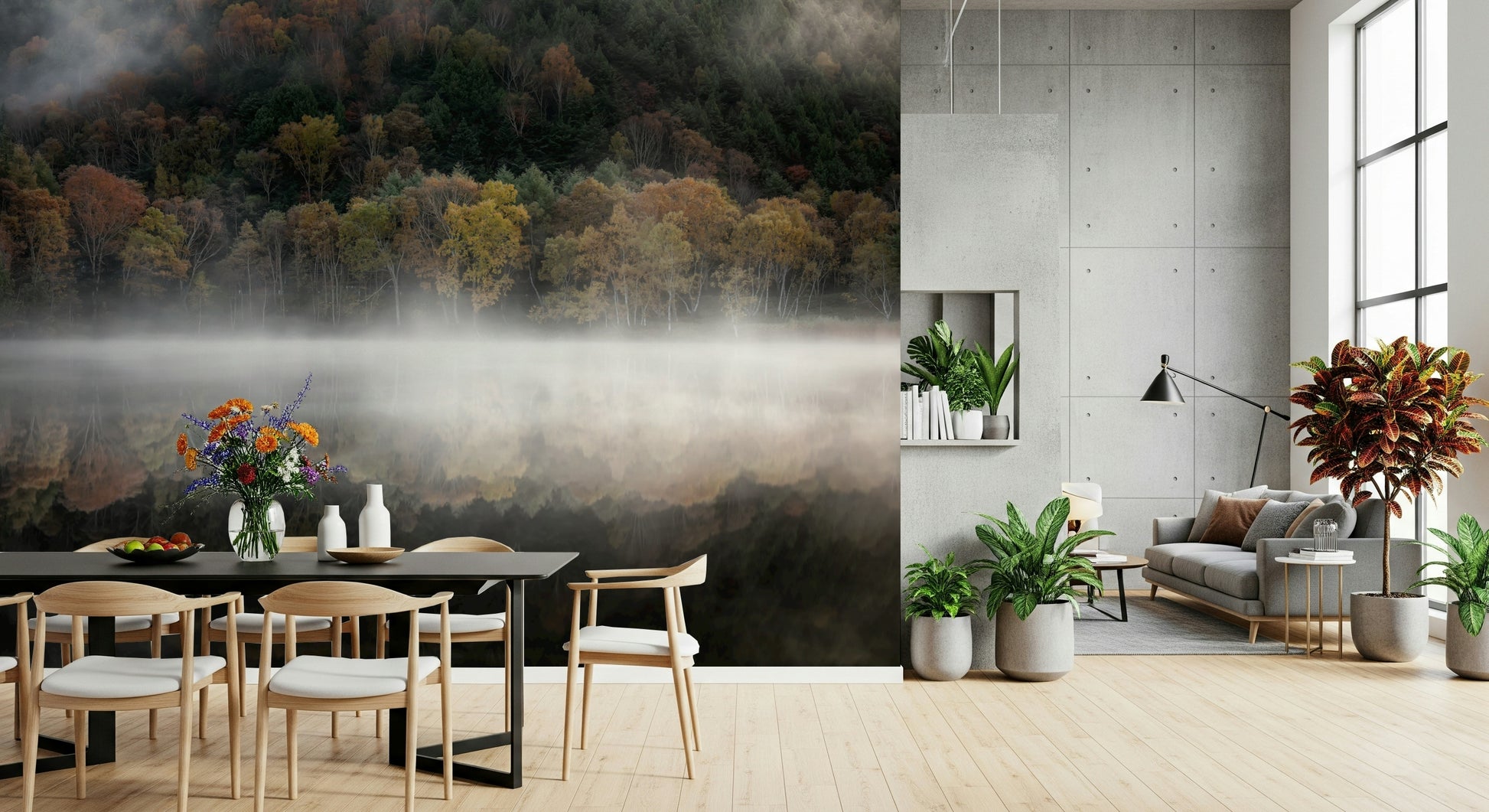 Mist Reflection mural, vibrant seasonal trees water scene.