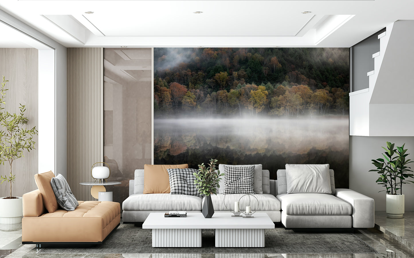 Enchanted Woodland Mist Reflection wall mural, autumn foliage lake view.