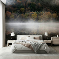 Calm Woodland Reflection photograph, dense hillside backdrop mural.