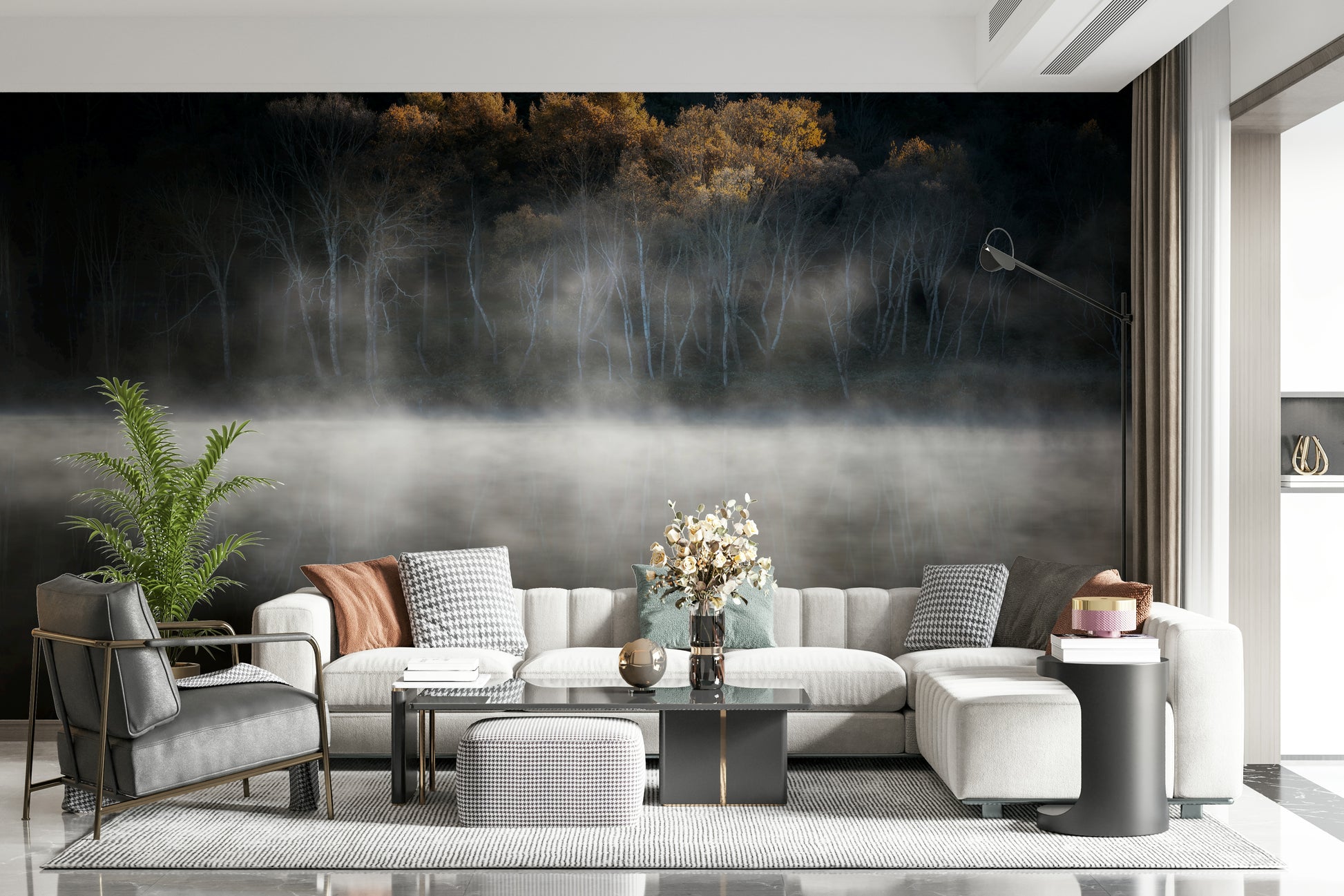 Solitude mural, dramatic gold and silver foliage imagery.