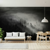 Luminous wall mural, silhouetted forest canopy in dense mist.