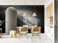 Luminous Woodland Island Fog wall mural, ethereal forest shroud print.