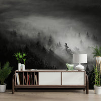 Misty Island Fog wallpaper, dramatic black and white pines.