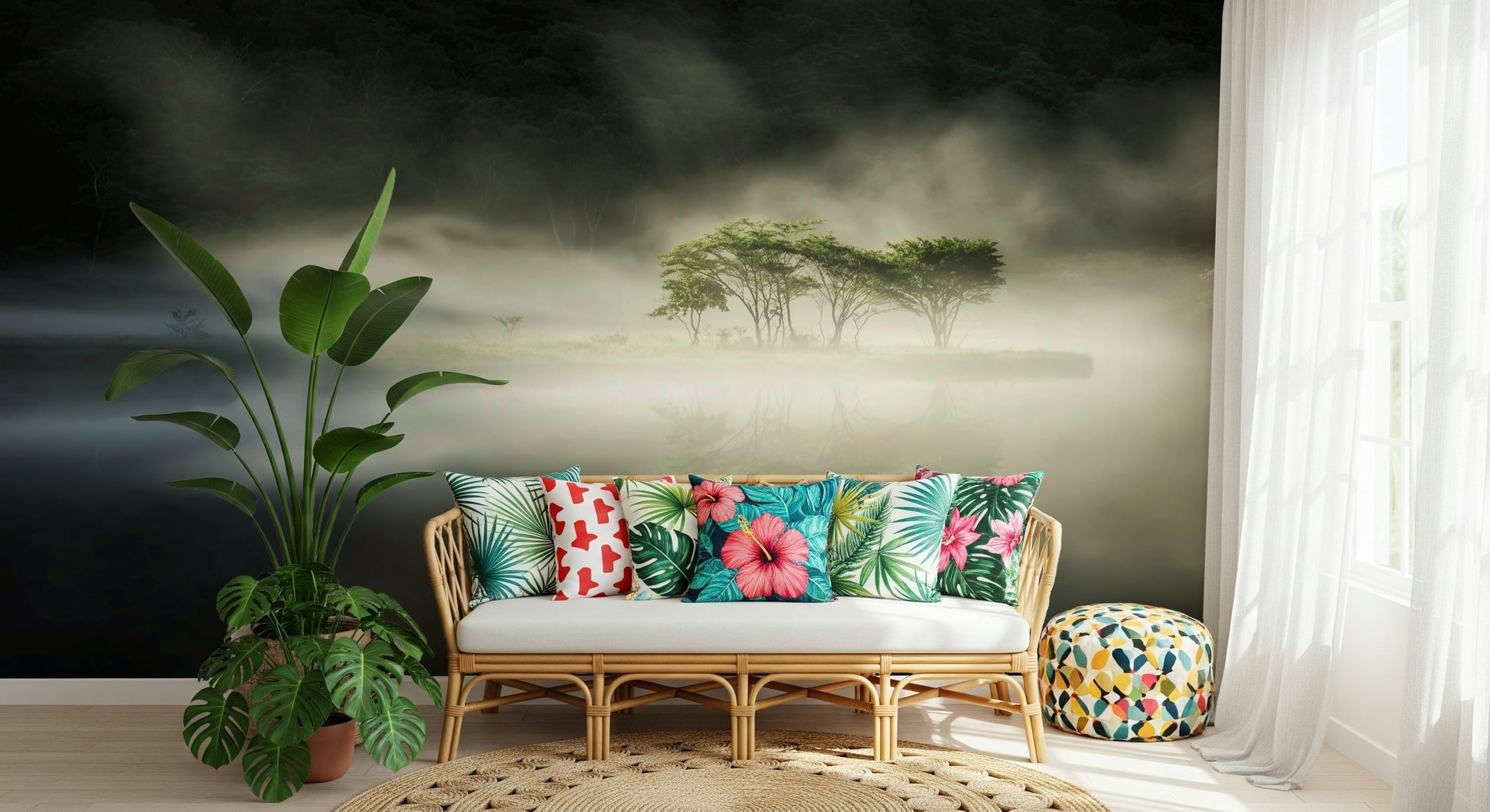 Serene lake scene with minimalist trees and misty atmosphere.