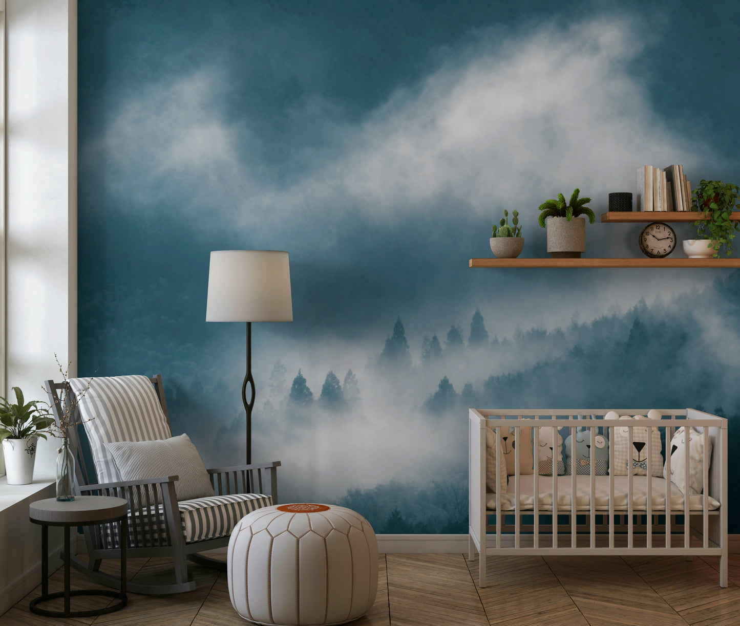Sublime forest mural wallpaper, sapphire tints bathed in vapour.