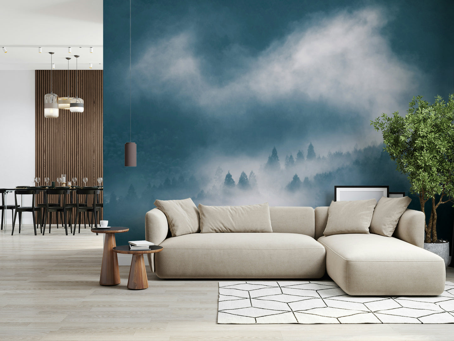 Mesmerizing fog over dusky pines, Indigo Woodland Sentinel mural.