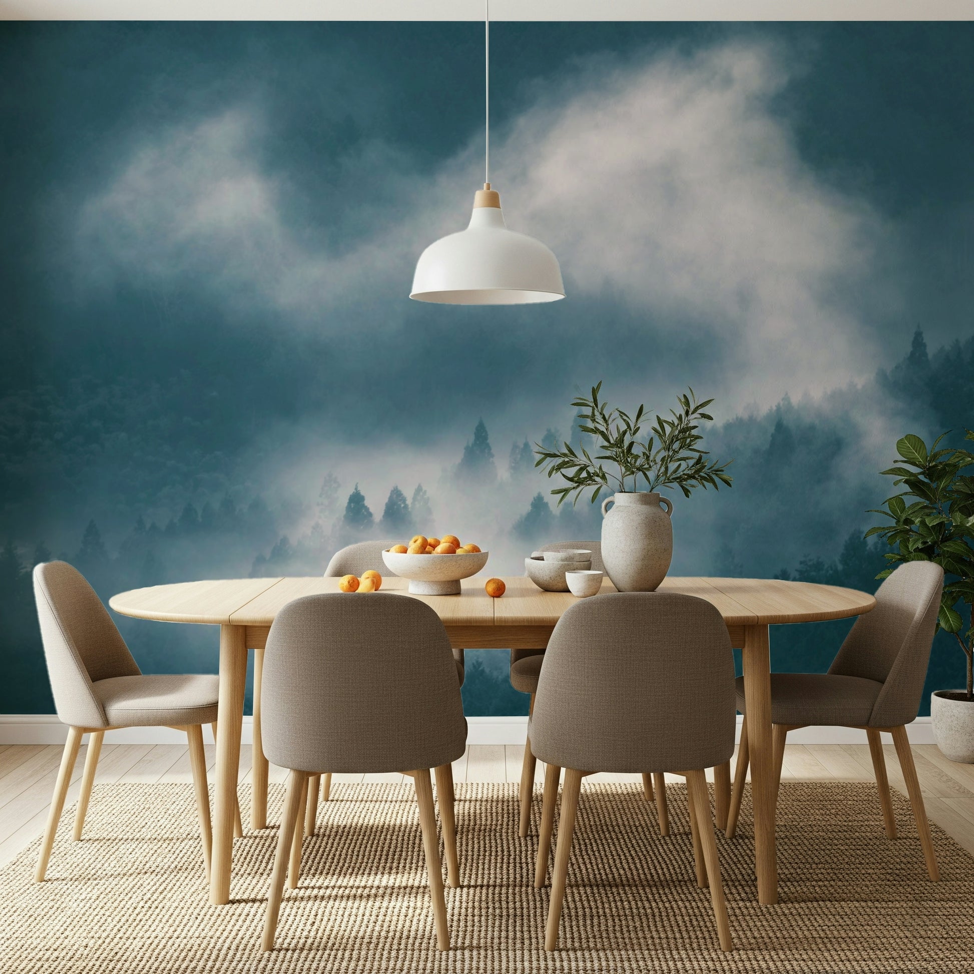 Enigmatic mural wallpaper, cerulean landscape, sentinel tree line.