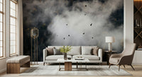 Forest wallpaper for walls, ethereal fog, birds soaring, spooky ambiance.