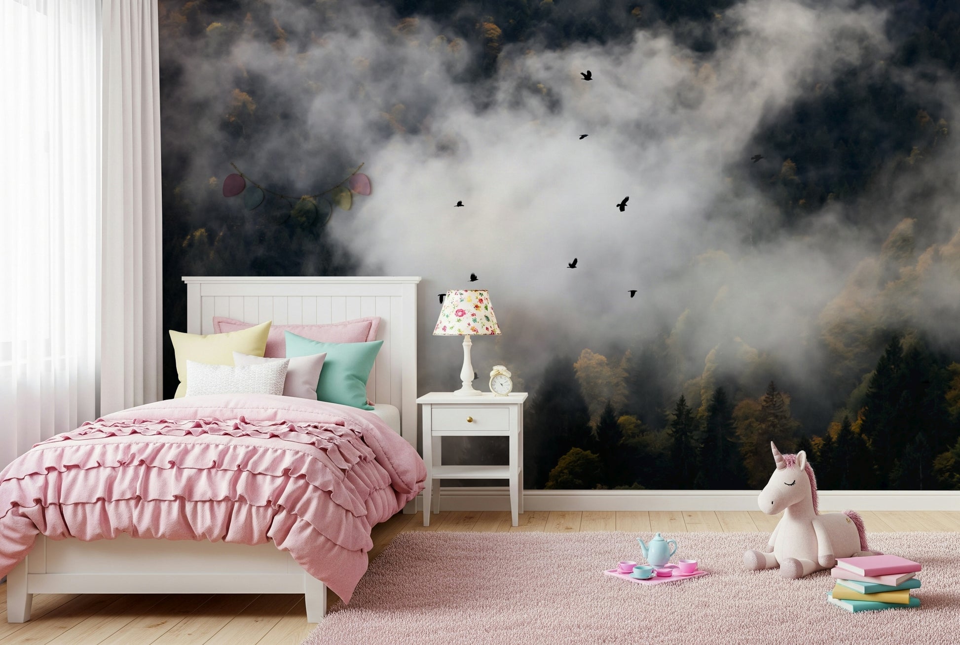 Atmospheric forest, many small birds, smoky white cloud, custom wallpaper.