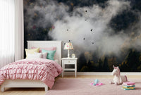 Atmospheric forest, many small birds, smoky white cloud, custom wallpaper.