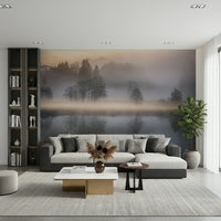 Woodland Dawn Reflection mural, gentle sunrise glow, atmospheric view, beautiful vistas.